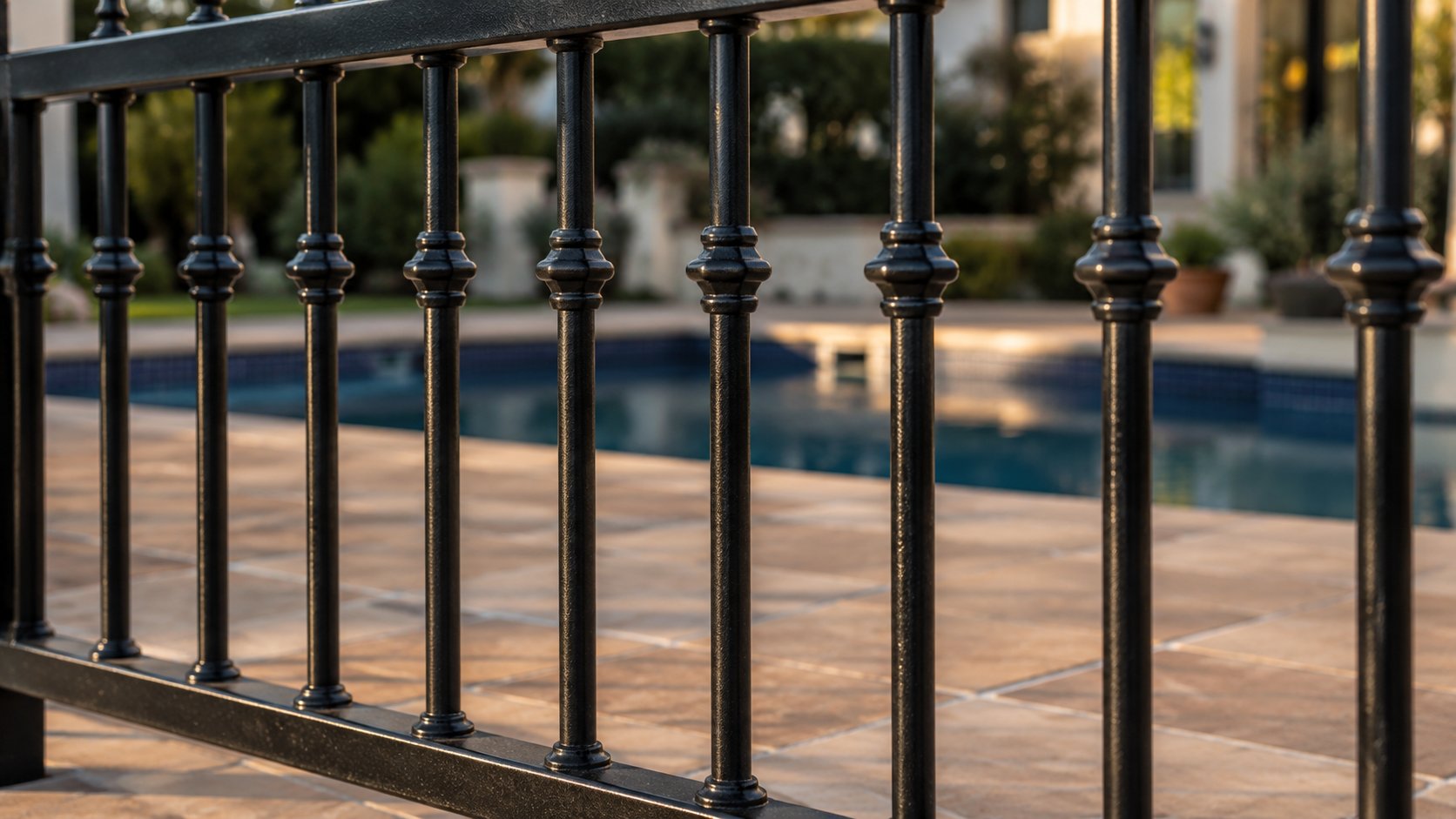 Close-up of a black wrought iron pool fence with vertical pickets at proper code-compliant spacing