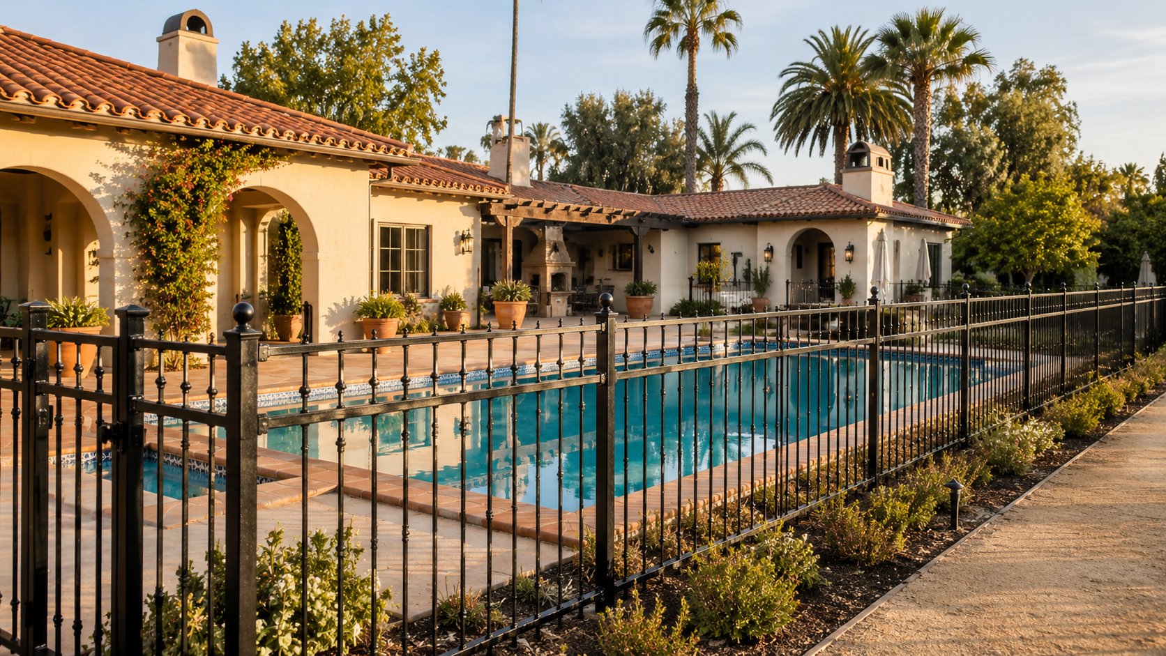 Three-rail black wrought iron pool fence at a Mediterranean-style Southern California home