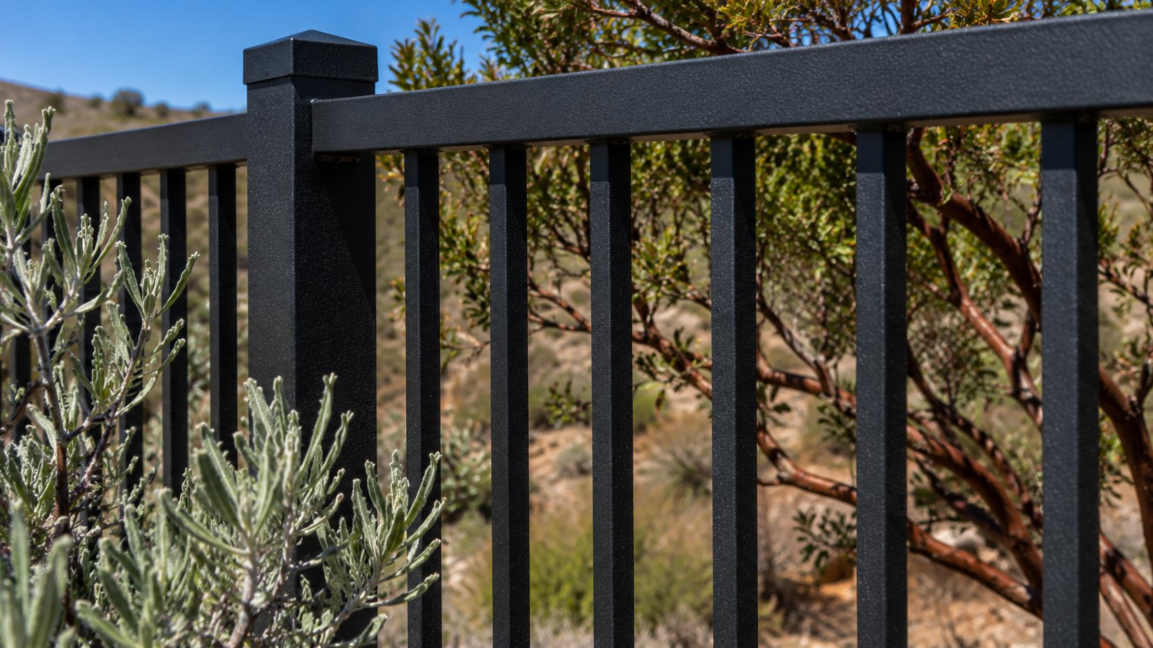 Close-up of a black powder-coated aluminum picket fence next to California native sage and manzanita