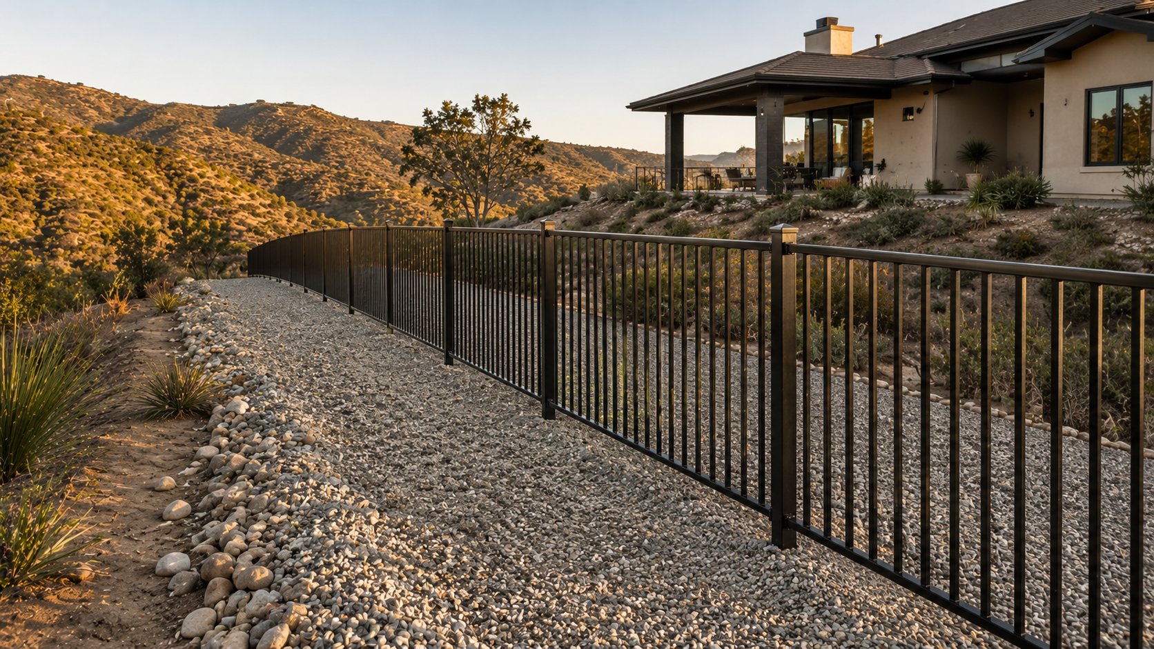 Gravel and decorative rock filling the first five feet around an aluminum perimeter fence, showing Zone 0 defensible space