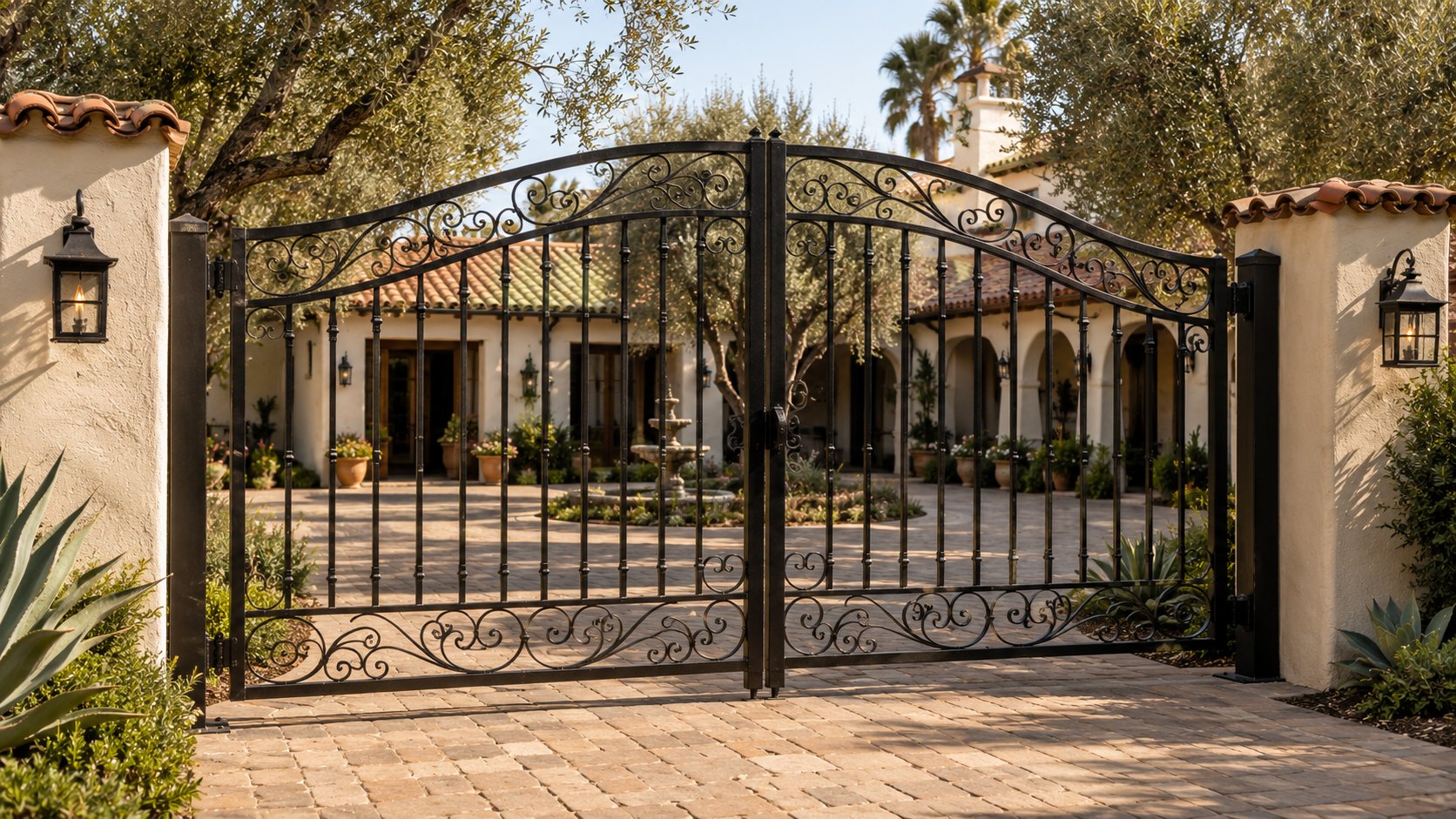 Hand-forged black wrought iron driveway gate in classic Spanish-Colonial style with scrollwork detail