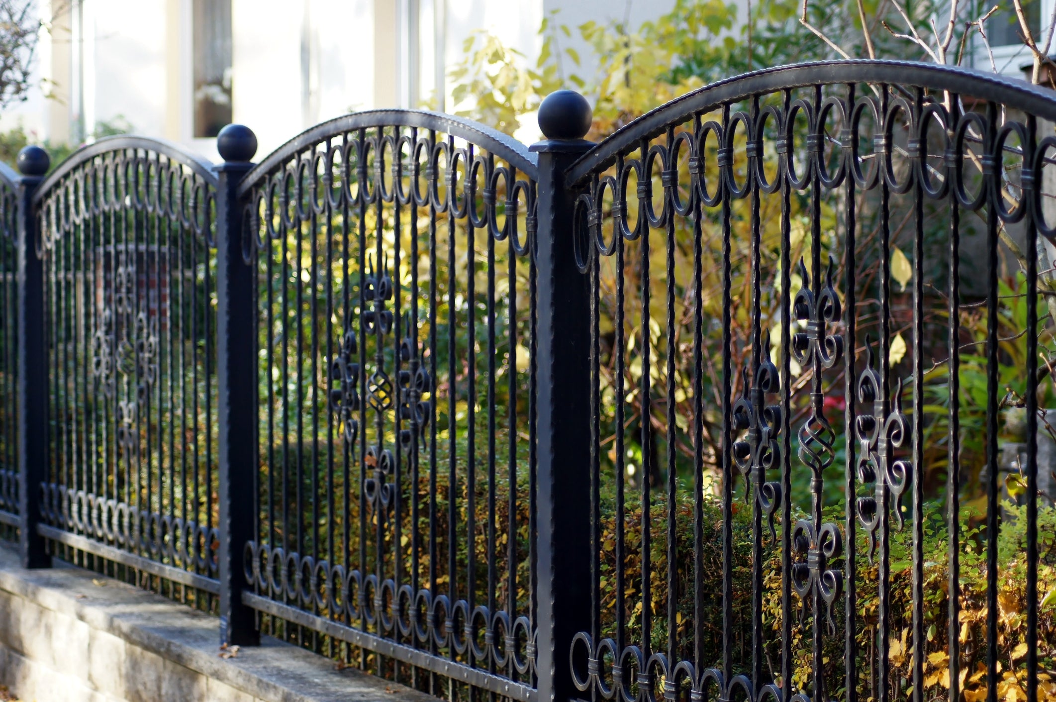 Close-up of ornamental wrought iron fence panels with scrollwork detail on a Southern California property