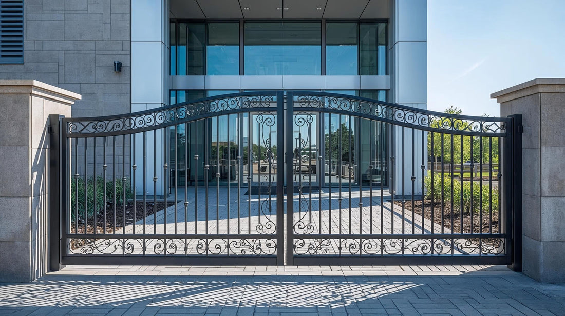 make me a biutiful sliding gate with commercial building in the back.jpg